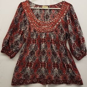 Live and Let Live ONE WORLD Red Patterned Blouse